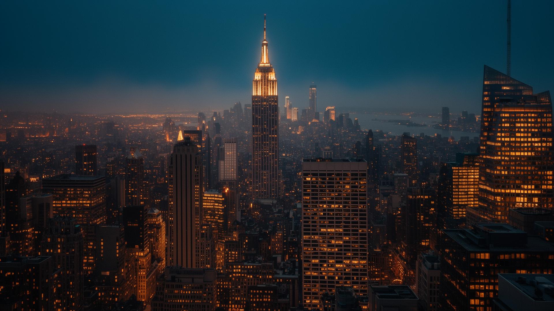 Manhattan skyline at night with the Empire State Building lit against a deep blue sky